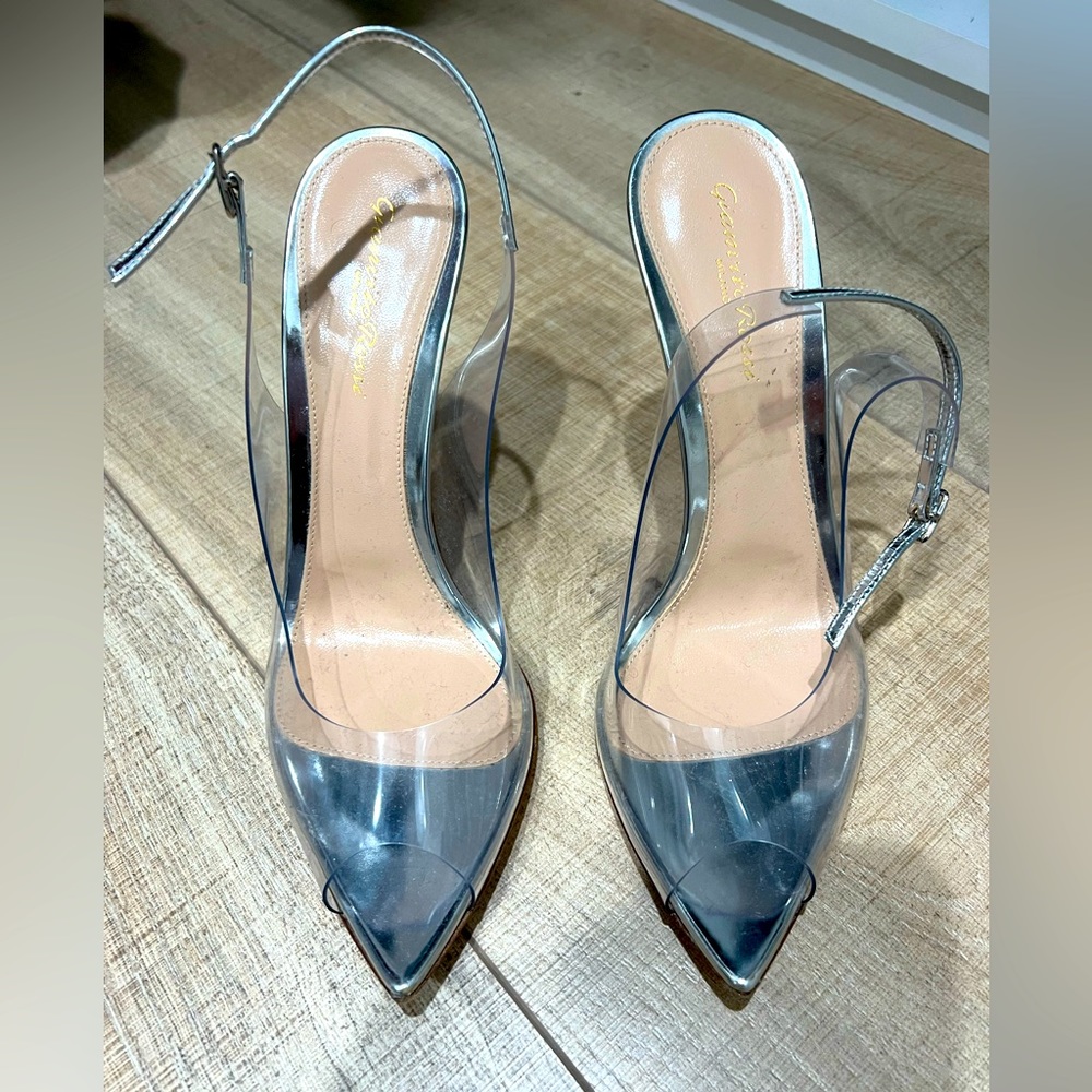 Gianvito Rossi silver metallic plexi clear pumps heels stiletto leather 9.5
